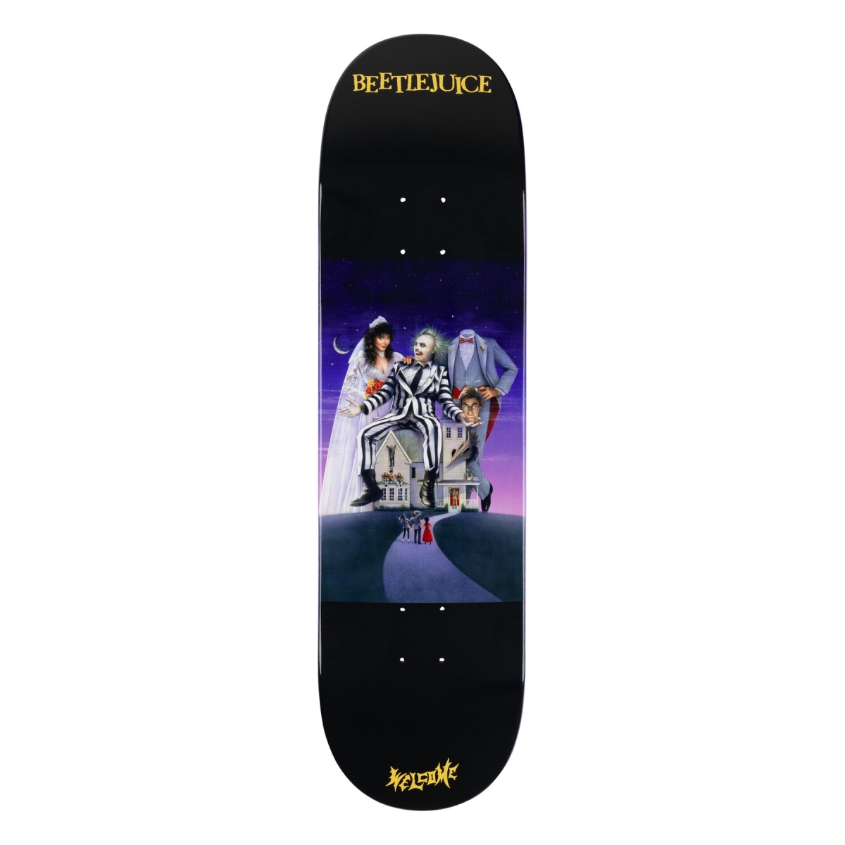 WELCOME x BEETLEJUICE SHOWTIME ON Skateboard Deck POPSICLE BLACK PURPLE DIP 9"